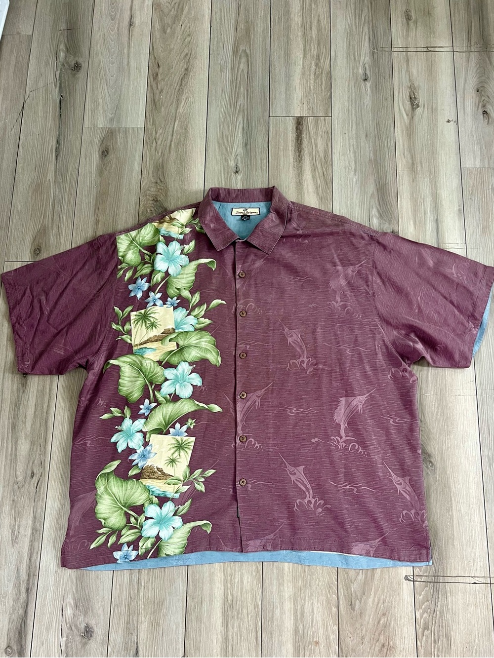 Tommy Bahama Silk Button Down Shirt Short Sleeve Hawaiian Purple Mens XXL